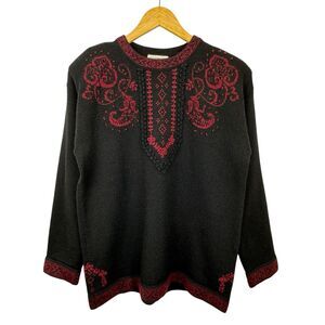 Vintage Susan Bristol Women Hand Embroidered Sweater Med/EU 38 Black Red Wool